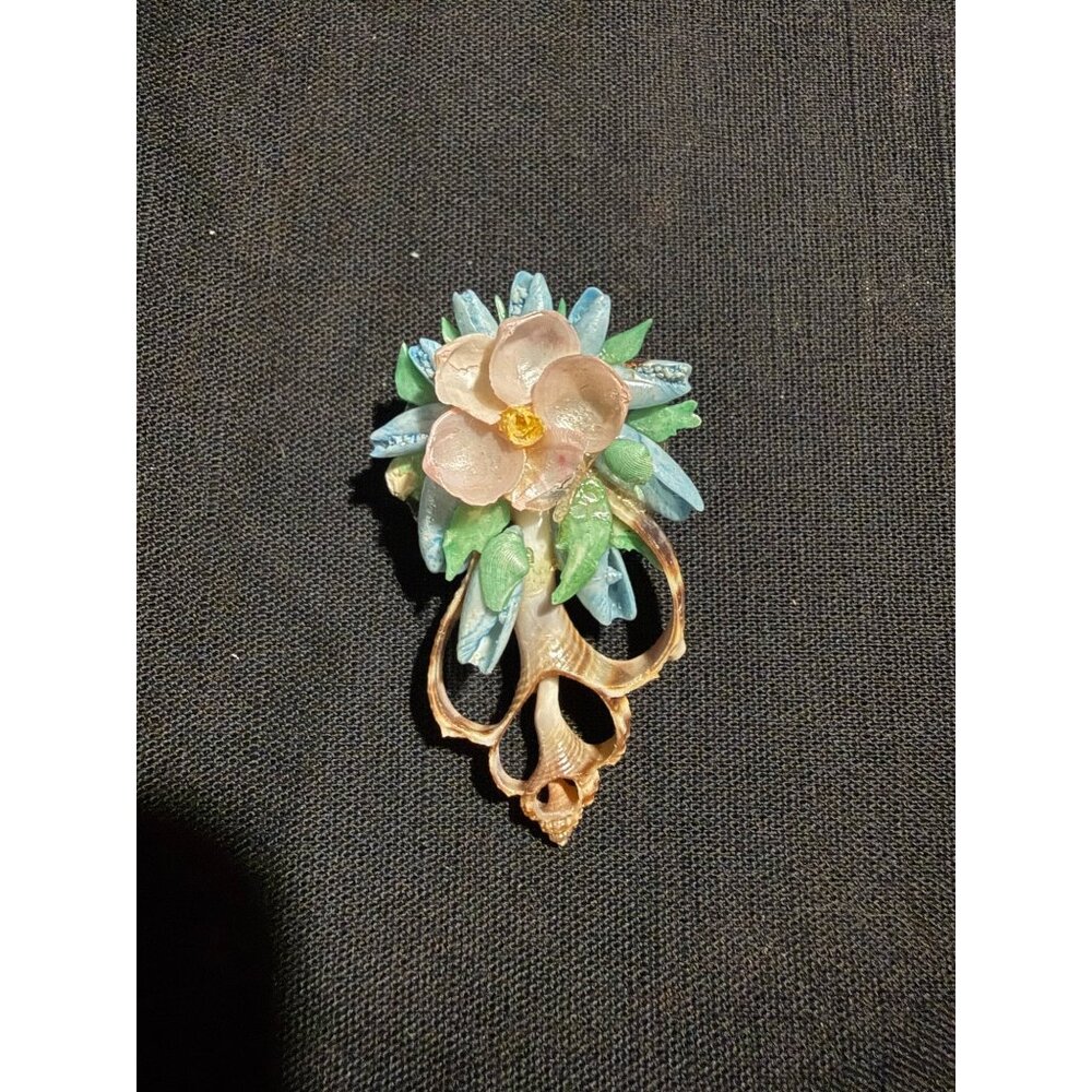 Vintage Floral Seashell Brooch Pin With Handcrafted Pastel Flower Design